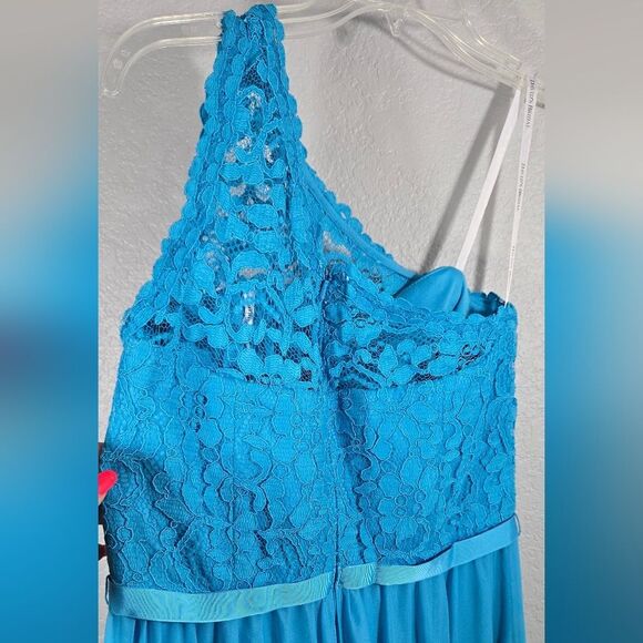 David's Bridal Short One Shoulder Lace Dress Marine Blue Prom Formal Bridesmaid - Picture 9 of 13